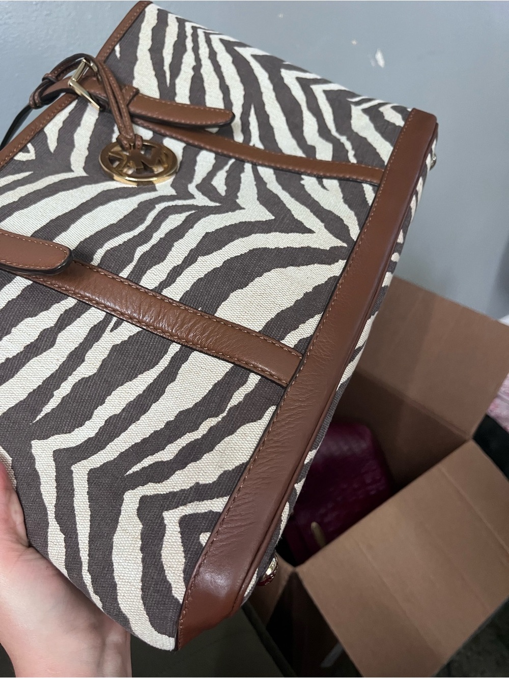 Michael Kors Black and White Zebra Canvas Tote with Brown Leather Trim - Picture 2 of 14